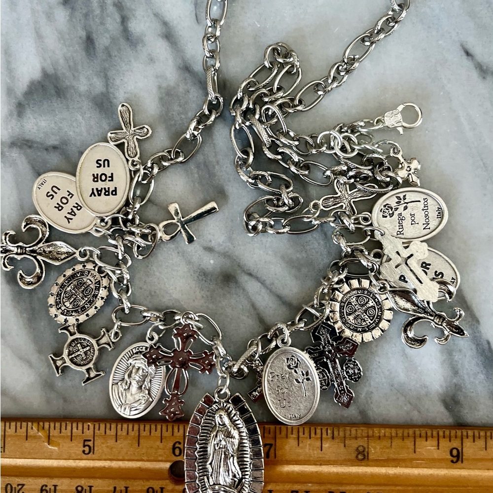 Guadalupe, Saints & Crosses Double Sided Antiqued Silver Tone Festoon Necklace - Picture 15 of 15